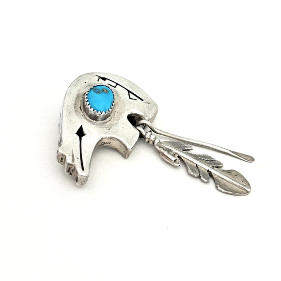 Vintage Samson Kee Native American 925 Sterling Silver Turquoise Bear Brooch Pin - Picture 7 of 11